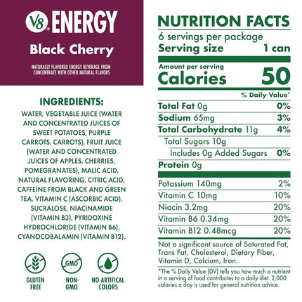 V8 Energy Black Cherry Energy Drink, 8 fl oz Can (6 Pack)