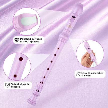 Soprano Recorder 8-Hole Instrument for Kids Beginners, German Style C Key Kids Flute with Cleaning Rod & Case Bag for School Education Home Entertainment - Pink
