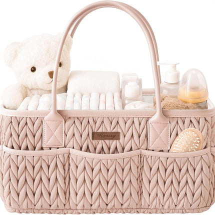 Konssy Braided Quilted Diaper Caddy Organizer, Boho Nursery Storage Basket with PU Leather Handles, Water-Repellent Portable Diaper Basket for Changing Table, Newborn Essentials (Blush)