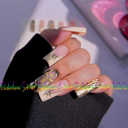 HAND-PAINTED Purple False Nails Set Coffin Press on Nails Pressons Kit Medium Length Stick on Nails Shoot Nail Art Short Nails with Nail Glue on Nails Square, Long Almond Nail (TJ54, Large)