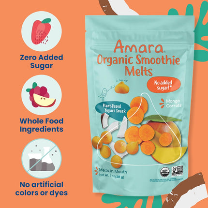 Amara Smoothie Melts - Mango Carrot - Baby Snacks Made With Fruits and Vegetables - Healthy Toddler Snacks For Your Kids Lunch Box - Organic Plant Based Yogurt Melts - 6 Resealable Bags