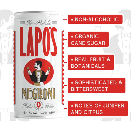 Lapo's Non Alcoholic Negroni, Non-Alcoholic Spirits, Gluten Free, For Non-Alcoholic Spritz, Zero Proof Drinks, Beverages & Mocktails, Alcohol Alternative, Lightly Sparkling & Bittersweet, 4 Pack Cans