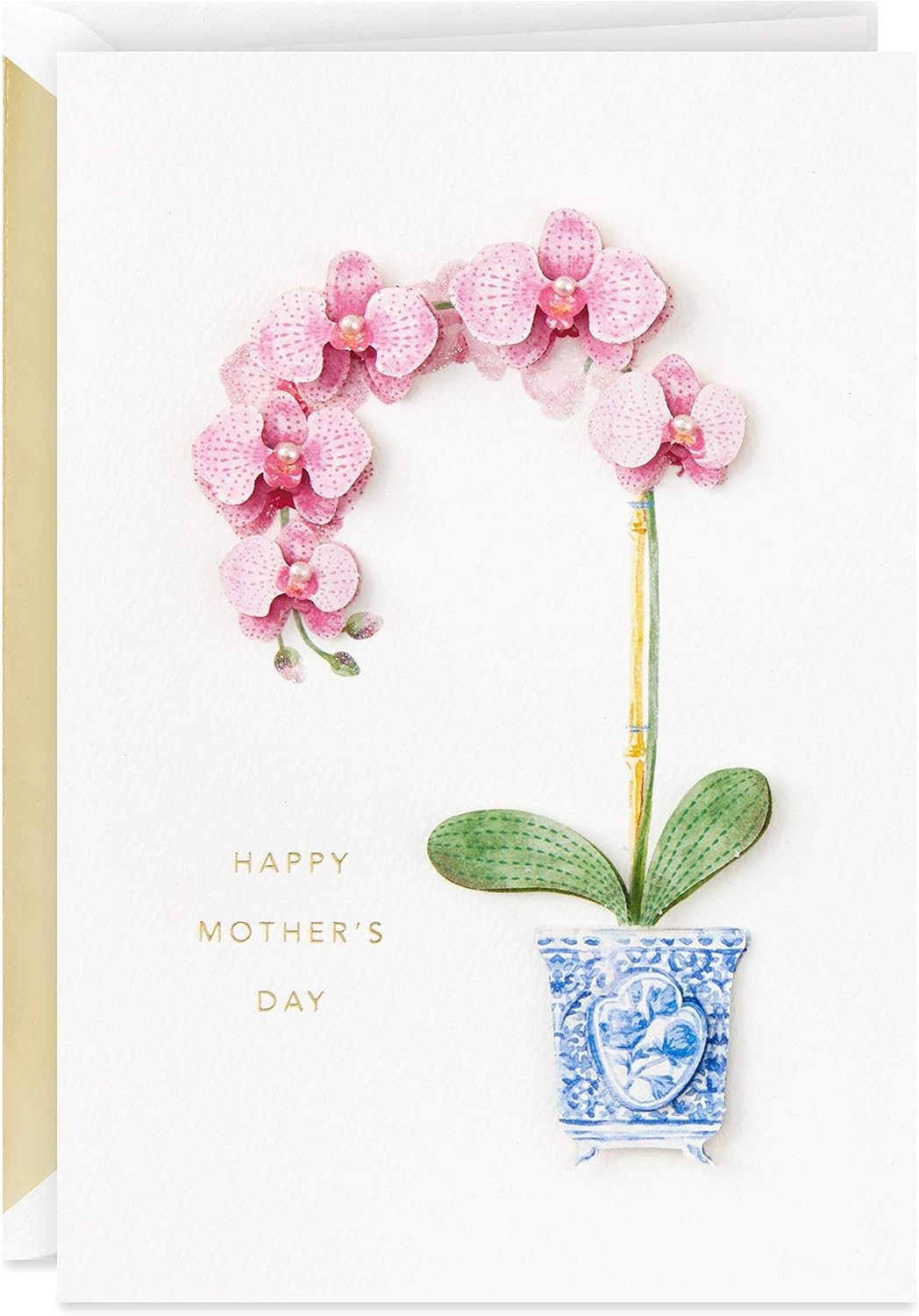 Mother's Day Card, Pink Orchid, 5 × 7.2 in, Gold-Foil-Lined Envelope