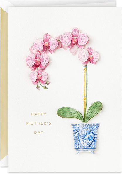 Mother's Day Card, Pink Orchid, 5 × 7.2 in, Gold-Foil-Lined Envelope