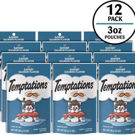 Temptations Cat Treats Classic Crunchy and Soft Cat Treats, Savory Salmon Flavor, 3 oz. Pouches (Pack of 12)