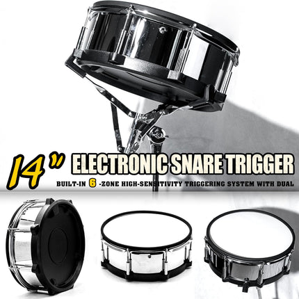 14" Electronic Digital Snare Drum, Authentic Acoustic Feel with Stainless Steel Metal Shell, 6-Zone High-Sensitivity Trigger Pad, Rim Shot & Cross Stick, Universal Output, Silver