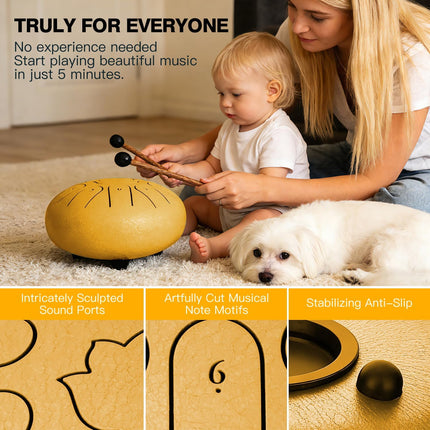 Rain Drum for Outside Garden,6 Inch 11 Note 440Hz Steel Tongue Drum C Major, Steel Drum for Kids & Adults, Music Education & Meditation Drum for Patio&Backyard, with Mallets, Bag & Book(Gold)