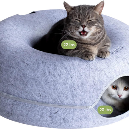 Cattasaurus Peekaboo Cat Cave Donut for Multiple & Large Cats up to 30-45 lbs, 3-in-1 Self Warming Cat Bed, Tunnel & Scratcher for Indoor Cats, Washable & Detachable Small Dog Bed (Light Gray, Large)