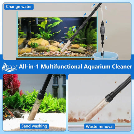 AQQA Gravel Vacuum for Aquarium Siphon - Adjustable Flow Fish Tank Cleaner with Handle, Manual Siphon Pump Water Changer Sand Rock Suction Cleaner, Upgraded Hard Hose with Threaded Connection (S)