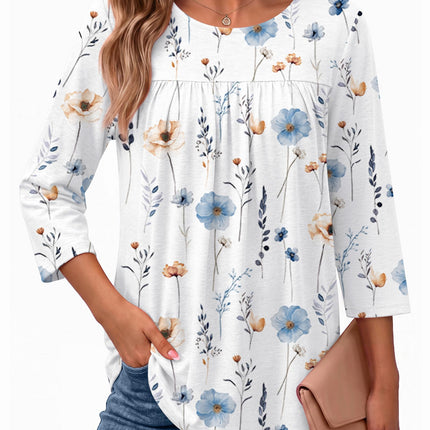 Womens 3/4 Length Sleeve Tops Boho Blouses Casual Pleated Shirts
