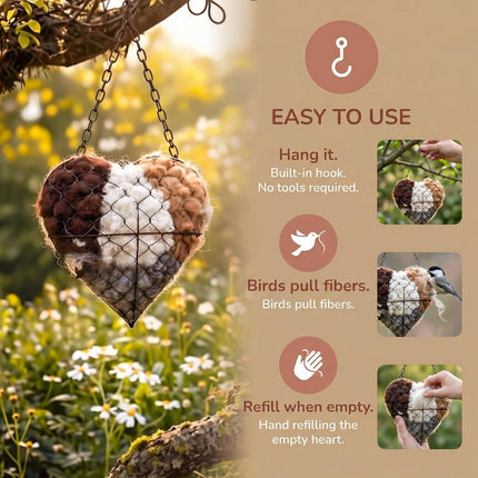 Handmade Alpaca Fiber Bird Nesting Heart – Refillable Bird Haven with 2 Nesting Material Refill Bags – Eco-Friendly Hanging Nest for Hummingbirds & Wild Birds, Garden & Yard Décor (1Set)