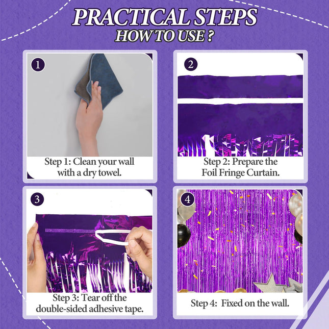 Fondo de flecos metálicos 3 Pack - Cortinas de oropel morado brillante para decoración de fiestas y accesorios de fotos - Fondo metálico de 3.3x8.2 FT para cumpleaños, boda, graduación, Navidad.