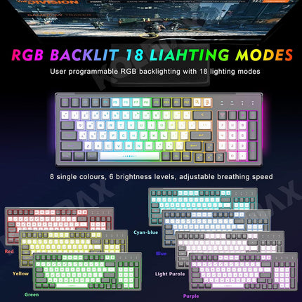 CK98 Wireless Gaming Keyboard and Mouse Combo,Rechargeable RGB Grey Gaming Keyboard RGB Backlit 98 Keys Mechanical Feeling Dual Color Keyboard and Gaming Mouse 3200DPI for PC Mac Gamers(GreyWhite)