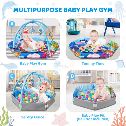 Baby Gym Play Mat, 8-in-1 Ocean Theme Tummy Time Mat & Ball Pit, Washable Baby Activity Play Mat for Visual, Hearing, Sensory, Motor Development, Baby Toys Gift for Toddler Infant 0-3-6-9-12-18 Months