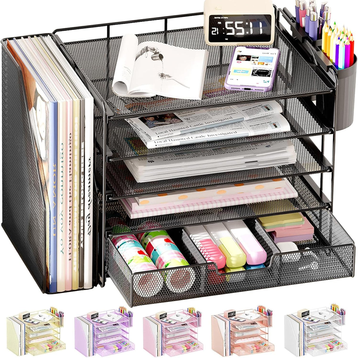 Black 5-Tier Desk Organizer with Drawer and Pen Holder