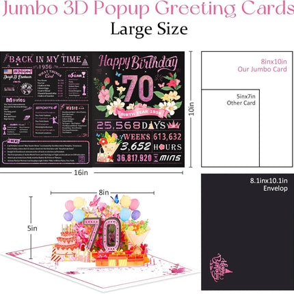 70th Birthday Card for Women,Jumbo Pop Up 70th Birthday Cards for Her Friend,Back In 1956 Happy 70 Year Old Birthday Decorations for Wife Daughter Mom Funny Birthday Gifts,Rose Gold