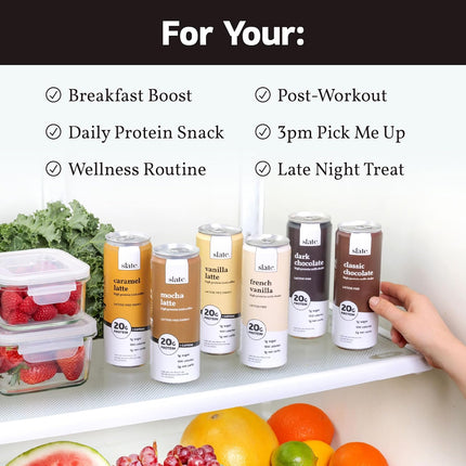 Slate Milk - High Protein Milk Shakes & Iced Coffees - Classic Chocolate, Mocha Latte, Vanilla Latte, French Vanilla -Lactose Free,20g Protein,1g Sugar, 100 Calories,1-2g Net Carbs -11 fl oz, 12 Cans