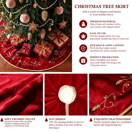 Christmas Tree Skirt, 48 inches Red Velvet Plush Fur Skirts with Gold Embroidered Holly Leaf for Rustic Xmas Tree Holiday Decorations