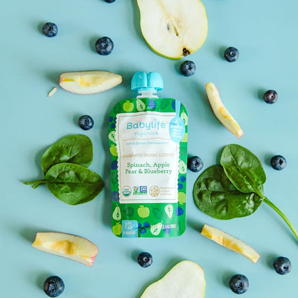Babylife Organics Stage 2 - Spinach, Apple, Pear & Blueberry, 3.5 Ounce Pouch (6 Pack) - Heavy Metal Safe, Organic Baby Food