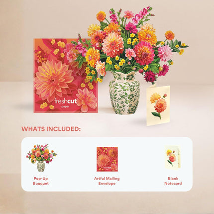 Freshcut Paper Pop Up Cards, Dahlia Sunrise, 12 Inch Life Sized Forever Flower Bouquet 3D Popup Greeting Card, Birthday Cards, Thank You Card, Blank Notecard & Envelope