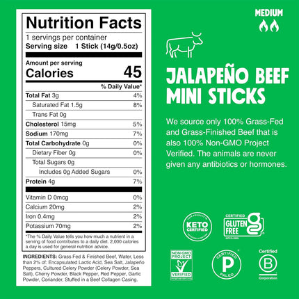 Chomps Snack Size Grass-Fed and Finished Jalapeño Beef Jerky Snack Sticks 0.5oz 24-Pack - Keto, Paleo, Whole30, 4g Lean Meat Protein, Gluten-Free, Zero Sugar Food, Non-GMO Chomplings
