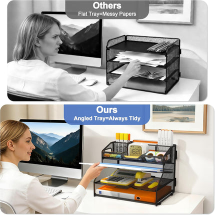 4 Tier Desk Orgnizers and Accessories, Metal Magazine File Holder with Pencil Holder and Handles, Space Saving Desktop Storage for School Office Supplies(Black)