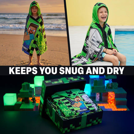 Minecraft Towelling Poncho Kids Teenagers Hooded Bath Towels Absorbent Creeper Beach Towel for Bathroom Pool Vacation Holiday Essentials (Green/Black, 6-14 Years)