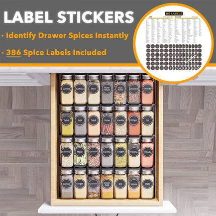 Spice Drawer Organizer with 28 Spice Jars, 386 Spice Labels, 4 Tier Seasoning Rack Tray Insert for Kitchen Drawers, 13" Wide x 17.5" Deep