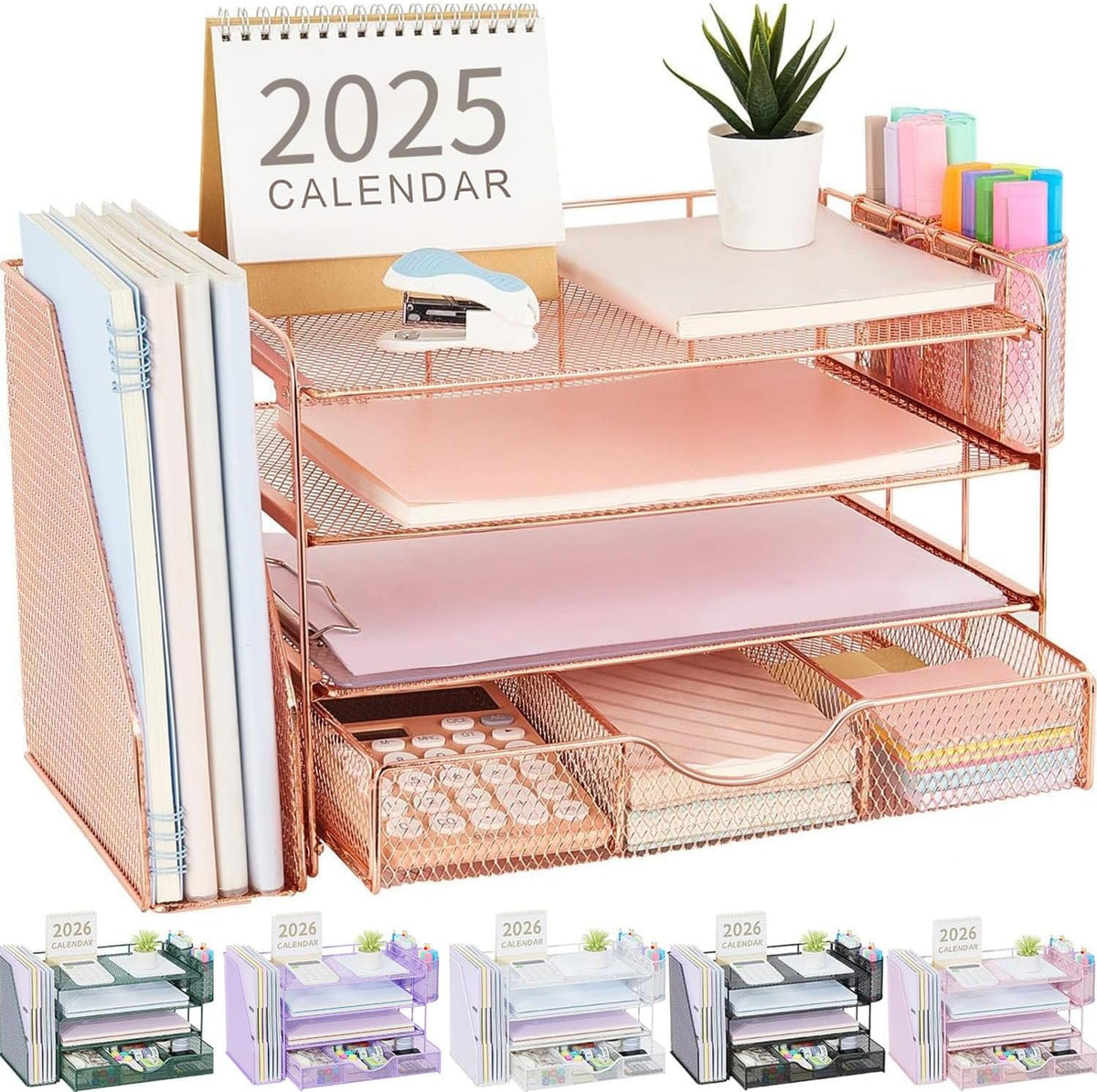 Rose Gold 4-Tier Desk Organizer with File Holder, Drawer and 2 Pen Holders