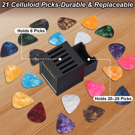 22Pcs Guitar Picks Holder Box, Vintage Amp Guitar Pick Holder with 21 Celluloid Guitar Picks, 3D Printed Retro Pick Storage Box & Display Stand for Guitarists and Music Enthusiasts