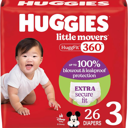 Huggies Size 3 Baby Diapers, Little Movers HuggFit 360° Baby Diapers with 360° Waistband, Size 3 (16-28 lbs), 26 Count, Packaging May Vary