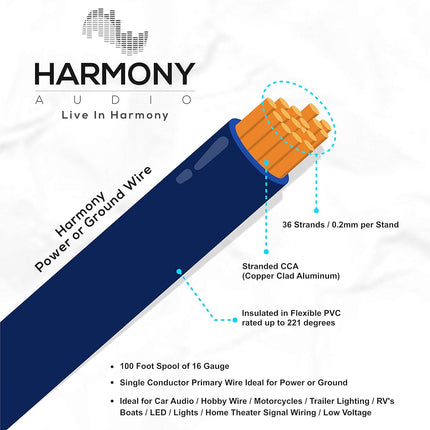 Harmony Audio HA-PW16RED Primary Single Conductor 16 Gauge Red Power or Ground Wire Roll 100 Feet Cable for Car Audio/Trailer/Model Train/Remote