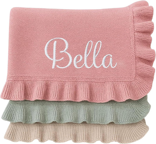 Personalized Baby Blanket with Name - Custom Embroidered Knitted Ruffled Blanket, 30x40 Inch