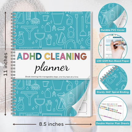 ADHD Cleaning Planner for Adults - Blue Cover Edition. Undated Daily Weekly Monthly Quarterly Yearly Chore Tracker Checklist. Wipe-Clean PVC Spiral Notebook for Home Management & Family Routine Tasks