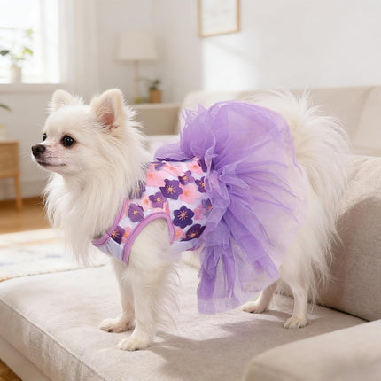 Dog Dress, Fashion Puppy Tutu Princess Dresses for Small Dogs Girl, Sweet Skirt with Dog Bowknot Clips, Spring Dog Cat Clothes Pet Apparel (Purple Floral Dress, XXX-Small)