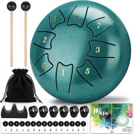 Steel Tongue Drum 6 Inch 8 Notes, Rain Drum for Outdoor Garden, Easy-Play Percussion Instrument, Unique Gift for Music Lovers, with Mallets, Carry Bag & Music Book, Green