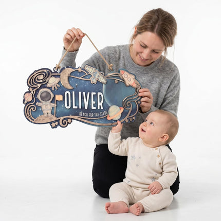 Custom Space Explorer Nursery Name Sign - Personalized Wooden Baby Name Sign with Astronaut & Planets - 3D 2-Layer Birch Wood Wall Decor for Boy & Girl Room, Unique Galaxy Gift