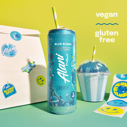 Alani Nu BLUE SLUSH, Sugar Free, Low Calorie Energy Drinks, 200mg Caffeine, Biotin, B Vitamins, Zero Sugar, 10 Calories, 12 Fl Oz Cans, 12 Pack