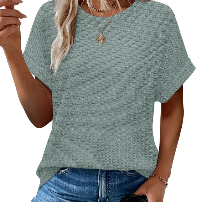 Summer Tops for Women 2026 Trendy Rolled Short Sleeve Shirts Waffle Knit Crew Neck Tops Curved Hem Fashion Clothing