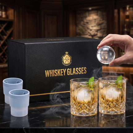 Old Fashioned Whiskey Glasses, Set of 4 (2 Crystal Bourbon Glasses, 2 Round Big Ice Ball Molds) In Gift Box - 11 Oz Rocks Glass, Barware for Scotch Cocktail Rum Vodka Liquor, Gifts for Men
