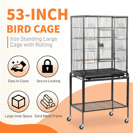 VINGLI 53-inch Bird Cage with Wheels, Durable Wrought Iron Parakeet Cage with Slide Out Tray, Black Bird Cages for Parakeets/Lovebird/Cockatiels/Budgies and Other Small/Medium Birds (Large-53 inch)