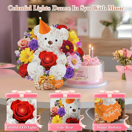 MZD8391 Birthday Cards with MUSIC & LIGHTS, Happy Birthday Card, Bear & Daisy, 10 Inch Life Sized Forever Flower Bouquet 3D Pop Up Greeting Card for Wife Mom Daughter Grandma Women