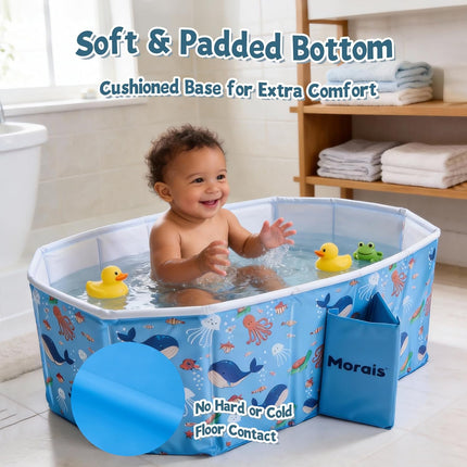 MORAIS Baby Bathtub Collapsible & Portable, Foldable Toddler Bath Tub with Dual Drain Plug and Padded Bottom, Travel & Shower Ready, Easy to Clean, Space-Saving Tub, 12 Months+