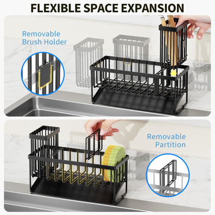 Sink Caddy Sponge Holder for Kitchen with Brush Holder and Stainless Steel Self Drain Tray, Rustproof Kitchen Sink Organizer for Sponge, Soap Dispenser Storage Accessories