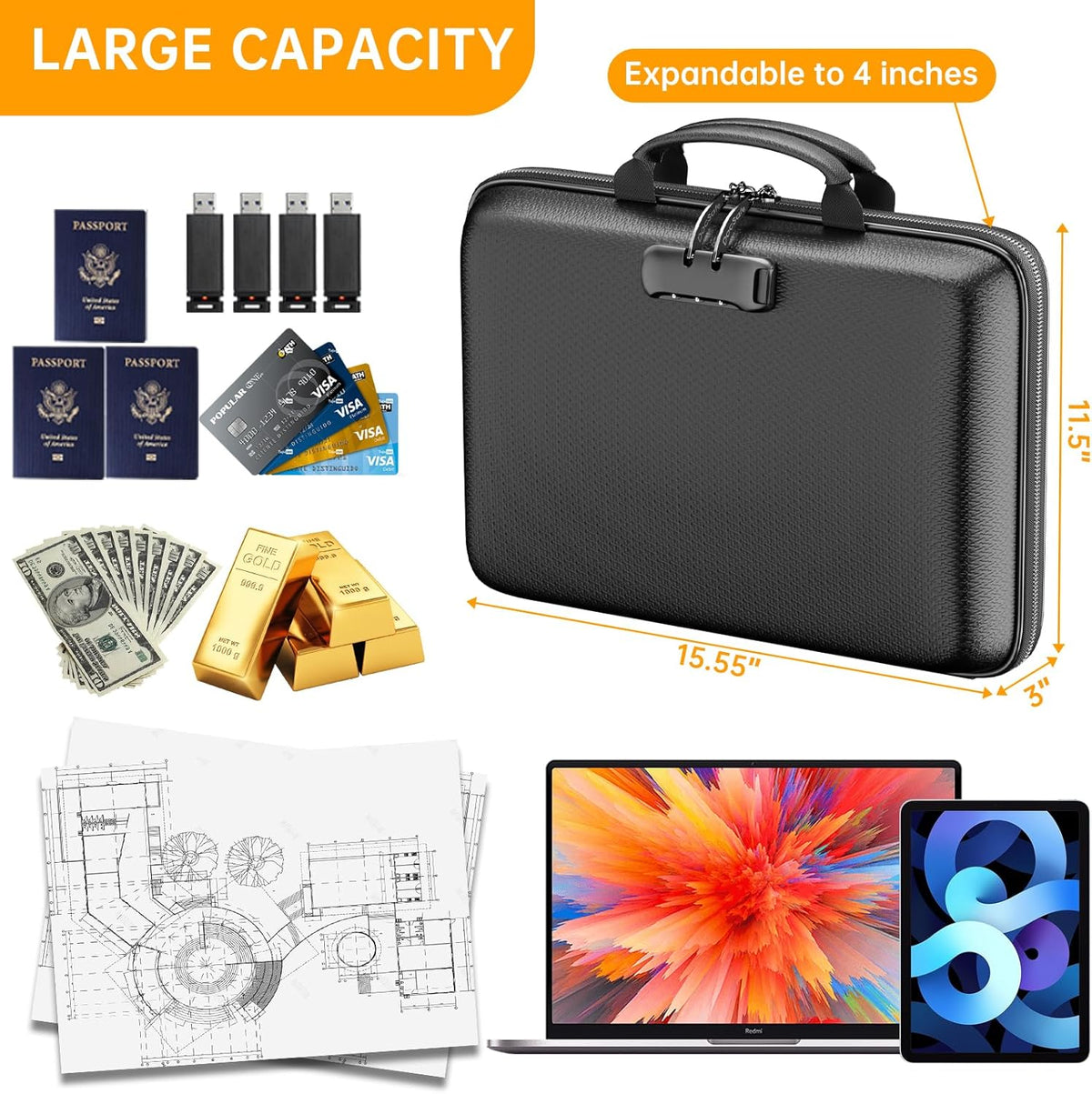 Fireproof Locking File Organizer Case, Black - photo 4