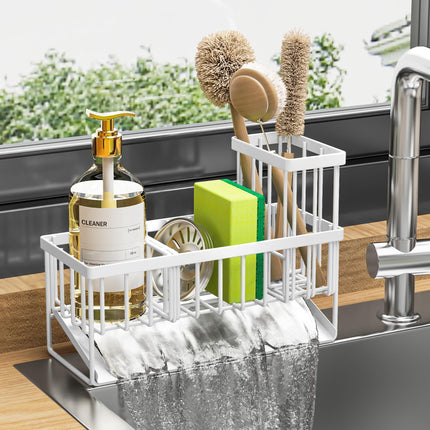 Sink Caddy Sponge Holder for Kitchen with Brush Holder and Stainless Steel Self Drain Tray, Rustproof Kitchen Sink Organizer for Sponge, Soap Dispenser Storage Accessories