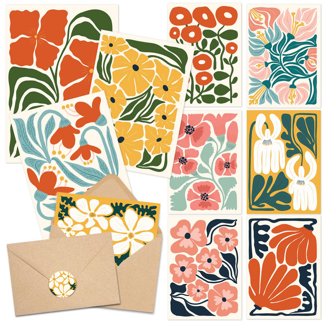 Blank Cards with Envelopes, Modern Abstract Flowers 50 Pack