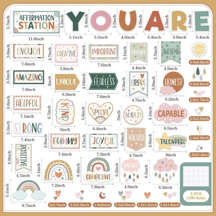 45pcs Boho Affirmation Station Bulletin Board Set Motivational Posters Classroom Mirror Growth Mindset Decor Positive Affirmations Accents Cutouts for School Office Home Teacher Wall Supply