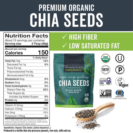 Viva Naturals Organic Chia Seeds, 1 lb, 16 Oz – Plant-Based Omega-3 and Vegan Protein, Gluten Free & Non-GMO, Perfect for Smoothies, Salads & Chia Pudding