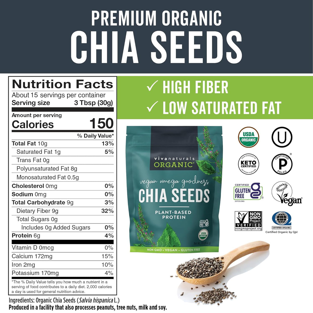 Organic Chia Seeds, 1 lb, 16 Oz – Plant-Based Omega-3 and Vegan Protein, Gluten Free & Non-GMO, Perfect - photo 2